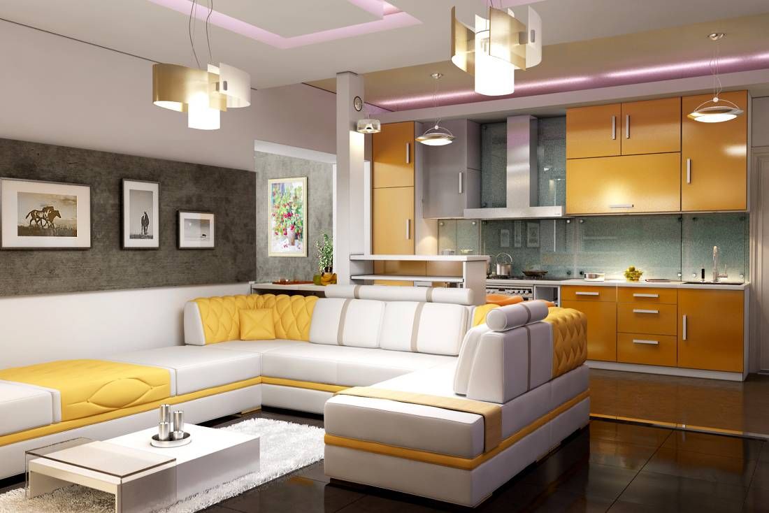 кухня совмещенная с гостиной в желтом цвете