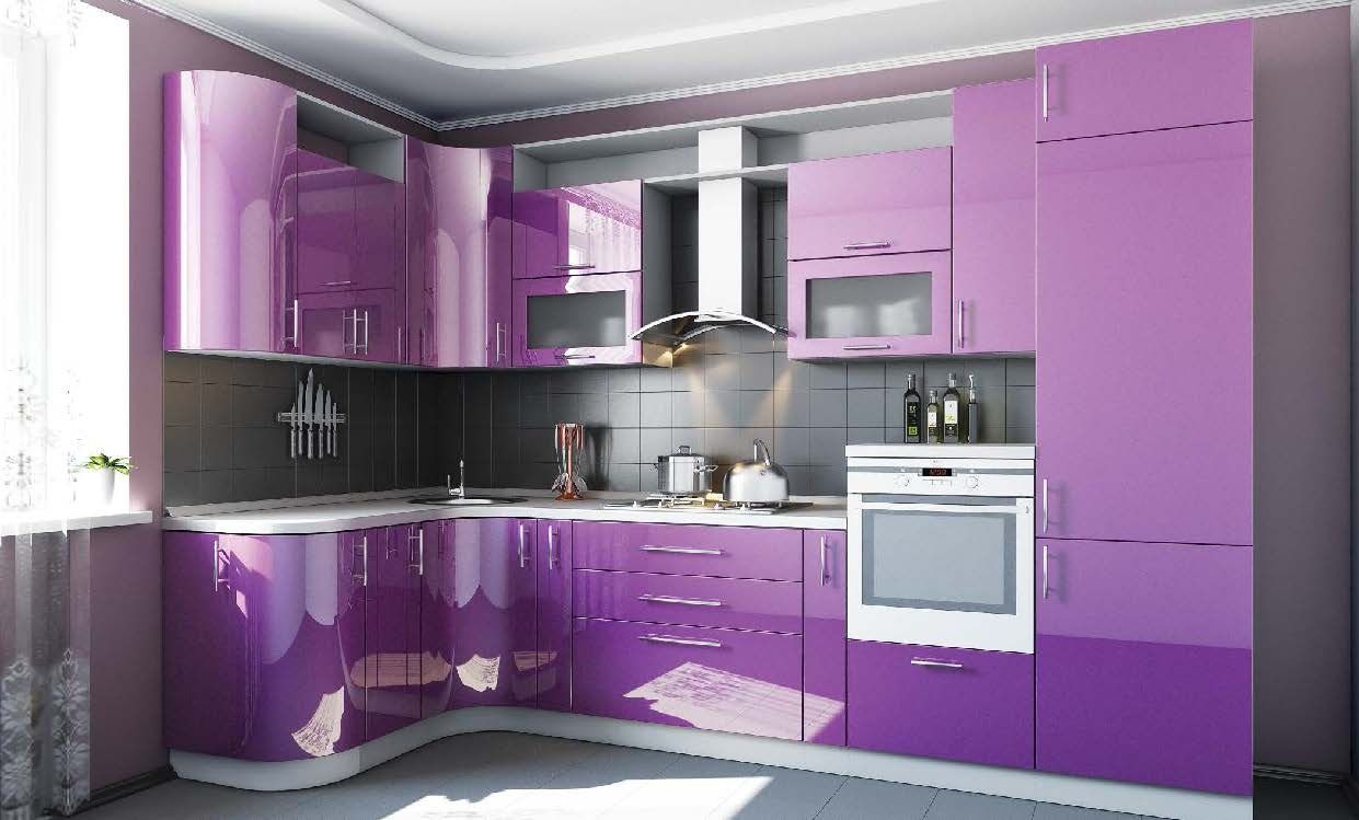 фиолетовая угловая кухня в стиле модерн