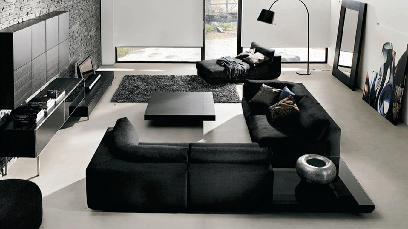 черная мебель в белой гостиной