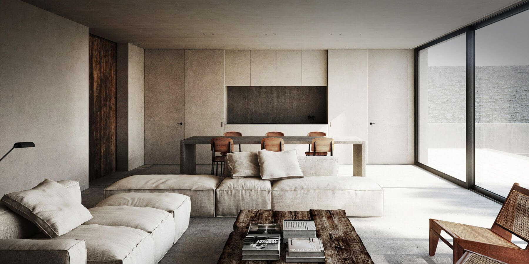 бетон, дерево, стекло в гостиной в стиле минимализм