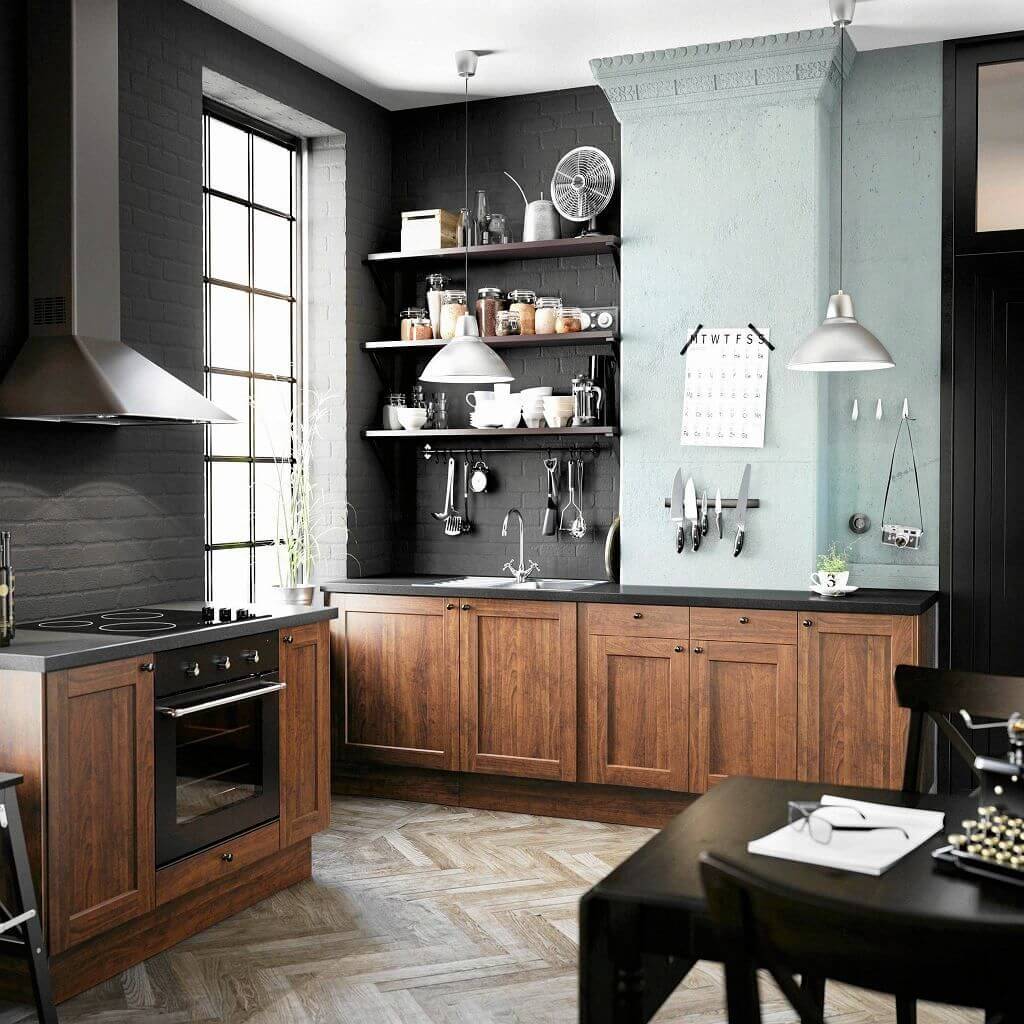 черно-голубая  коричневая кухня