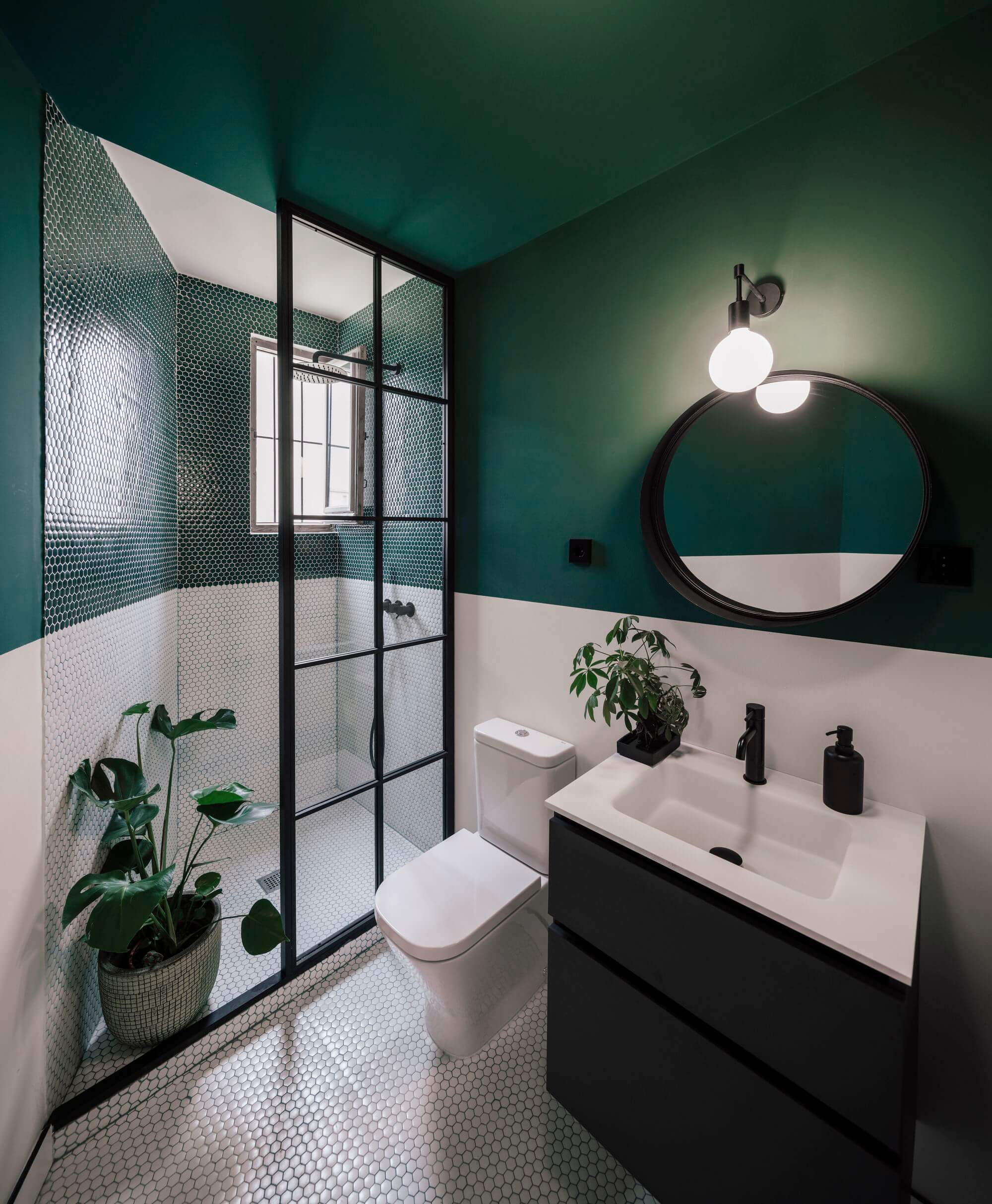 белый низ зеленый верх в ванной и стеклянная перегородка