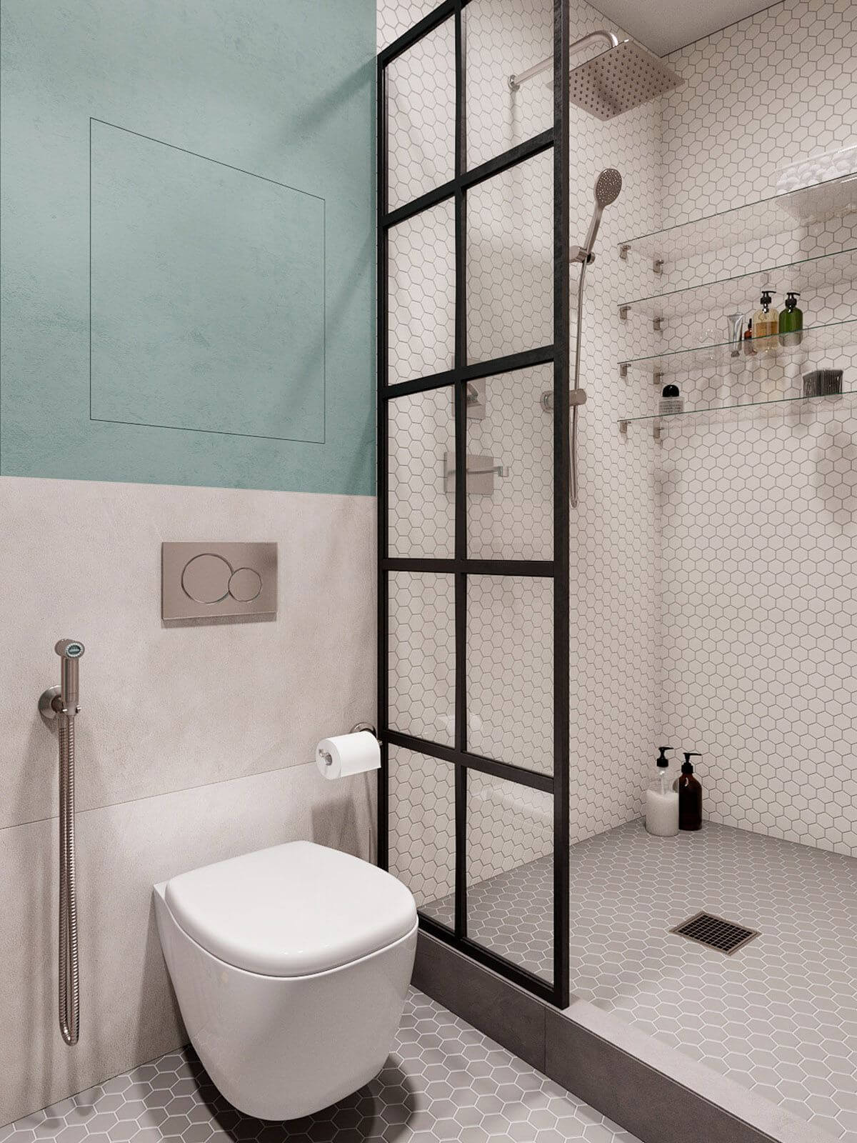 стеклянная штора в черном профиле отделяющая унитаз от душевой зоны в ванной комнате