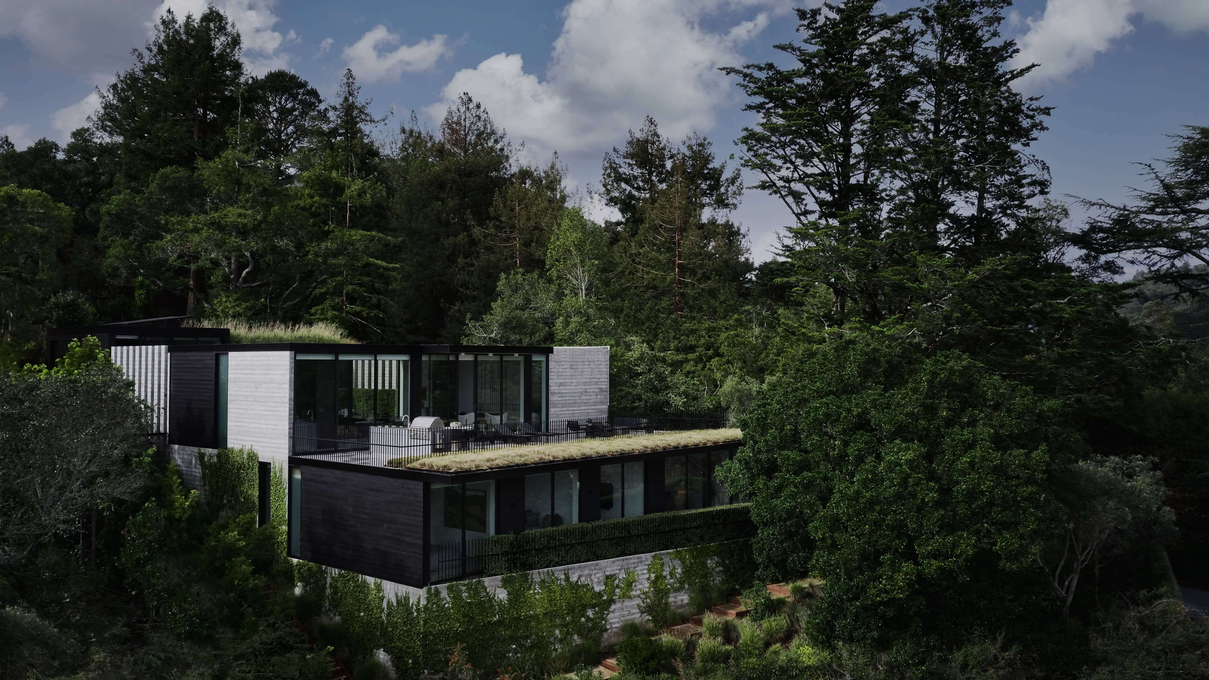 Современный дом из бетона и стекла в лесу