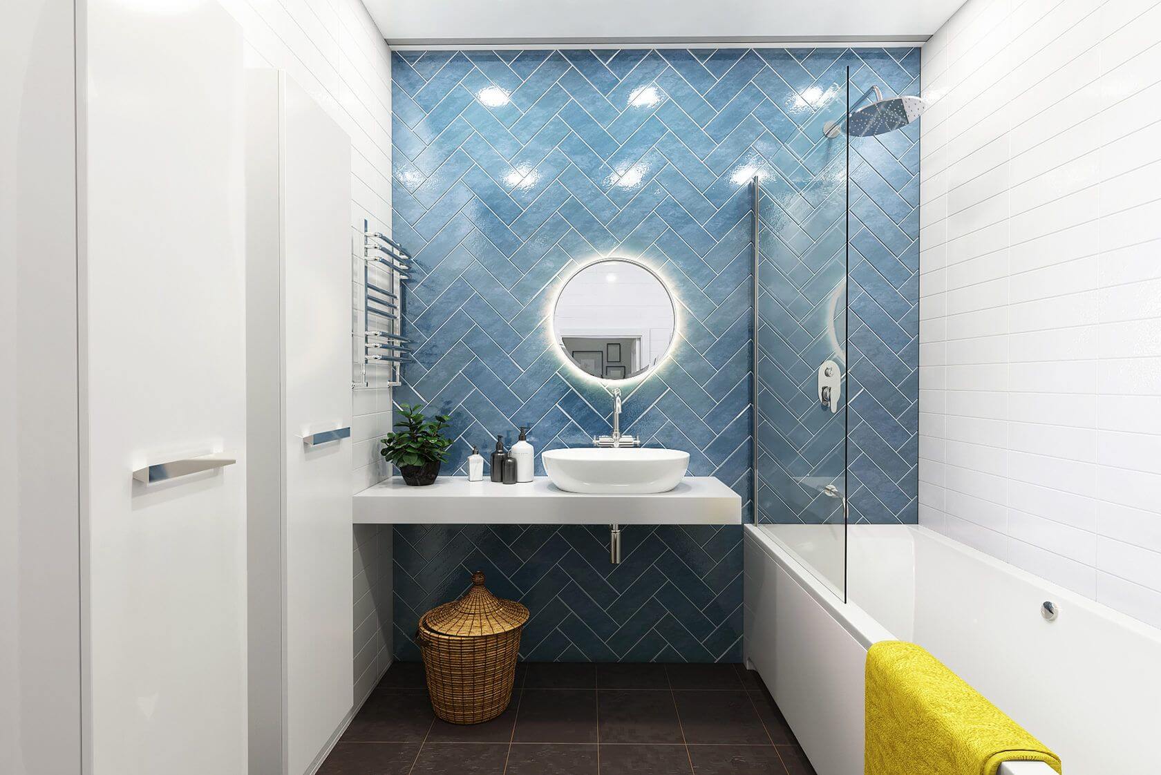 синяя акцентная стена в белой ванной комнате
